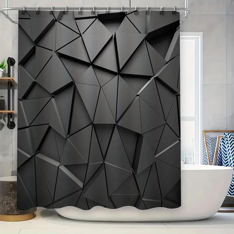Textile Article Black Modern Geometric Shower Curtain - Abstract Triangle Design For Contemporary Bathroom Décor, Waterproof & Easy Care