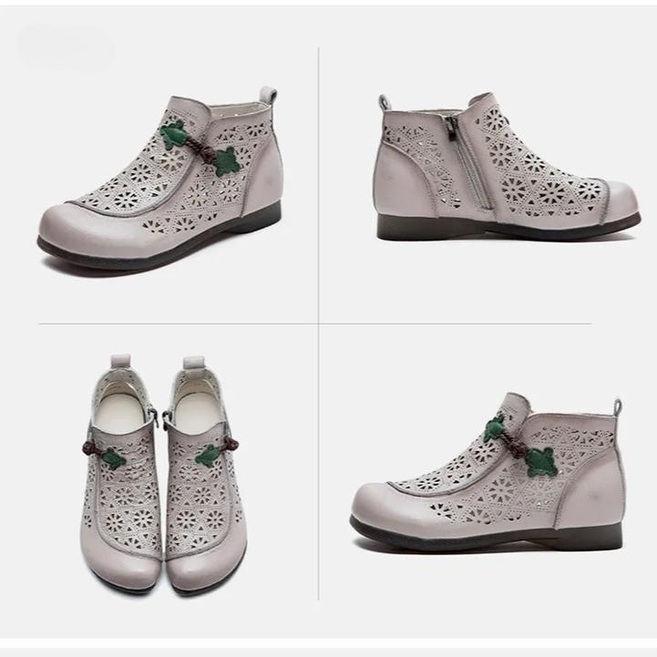 Johnature Prodyšné vyřezávané boty Letní pravá kůže Retro kulatá špička Dámské ploché sandály