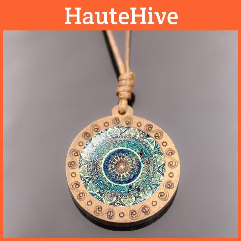 Retro Crystal Pendant Necklace With Mandala Design Brown Wax Rope Elegant Fashion Accessory For All Genders