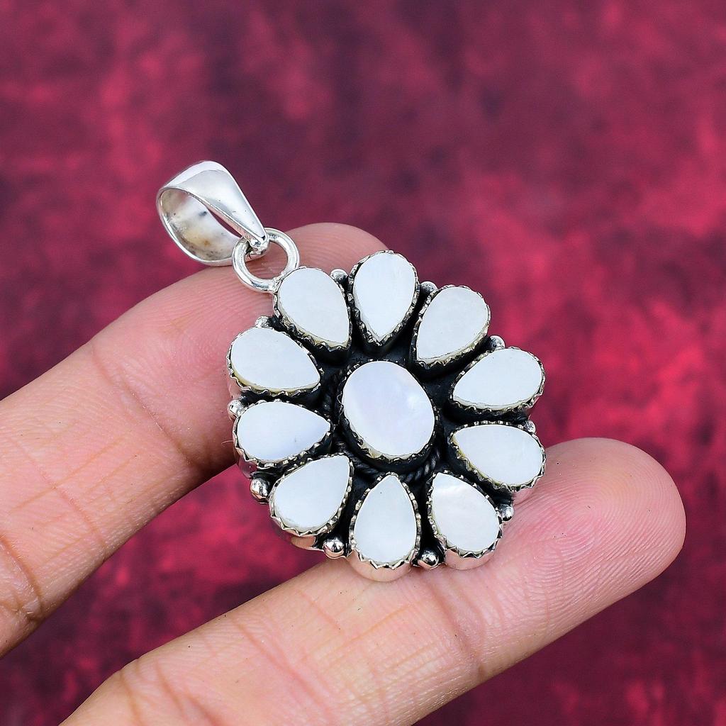 Mother of Pearl Pendant, Real Gemstone Pendant 925 Solid Sterling Silver Pendant, Handmade Jewelry Anniversary Gift