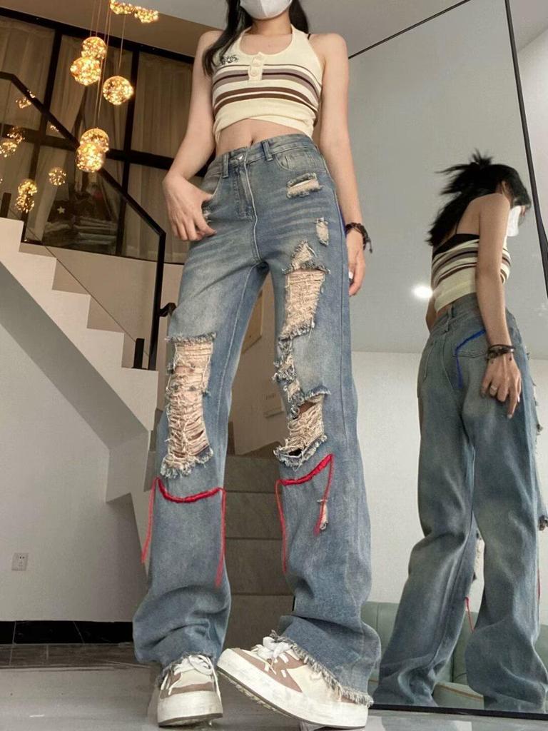High Waist Ripped Jeans for Women - Loose Wide-Leg Pants with Trendy Streetwear Design