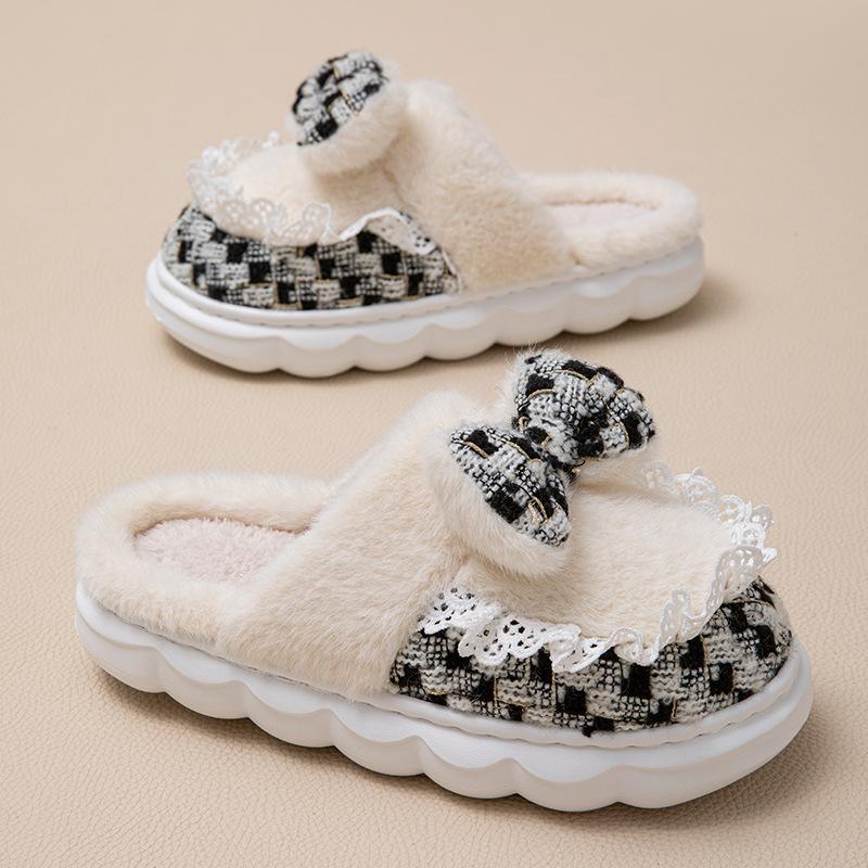 2025 New Cotton Slippers Autumn and Winter Thick Bottom Non-slip Velvet Warm Indoor Home Silent Bow Cotton Mop