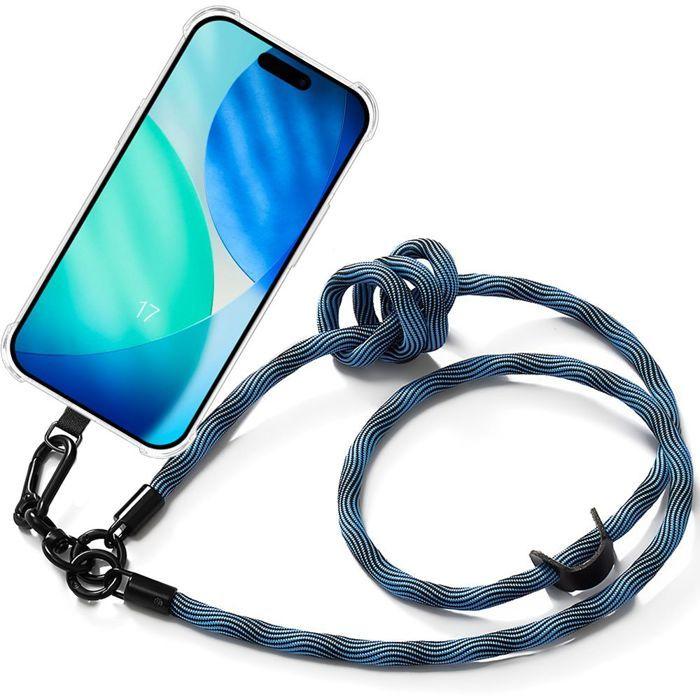 Coque pour iPhone 17, Protection Transparente Antichoc avec Cordon Robuste Démontable Bleu