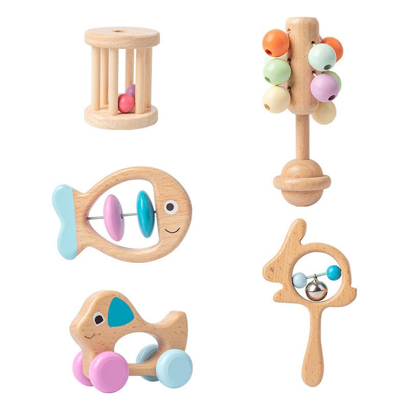 Colorful Wooden Baby Rattle Set: 5-Piece Musical Crib Mobile for Early Education and Soothing