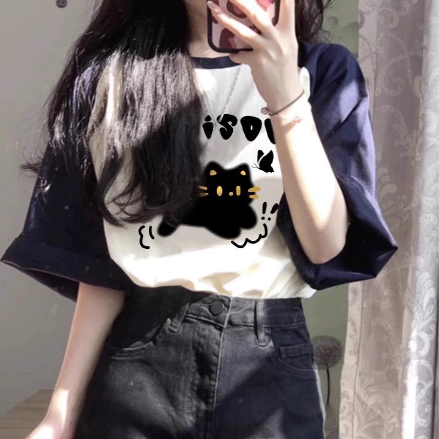 

Лето 2024, милая футболка с мультяшным принтом для женщин, одежда Harajuku, футболка оверсайз из 100% хлопка, женская одежда, топы Y2k, уличная одежда