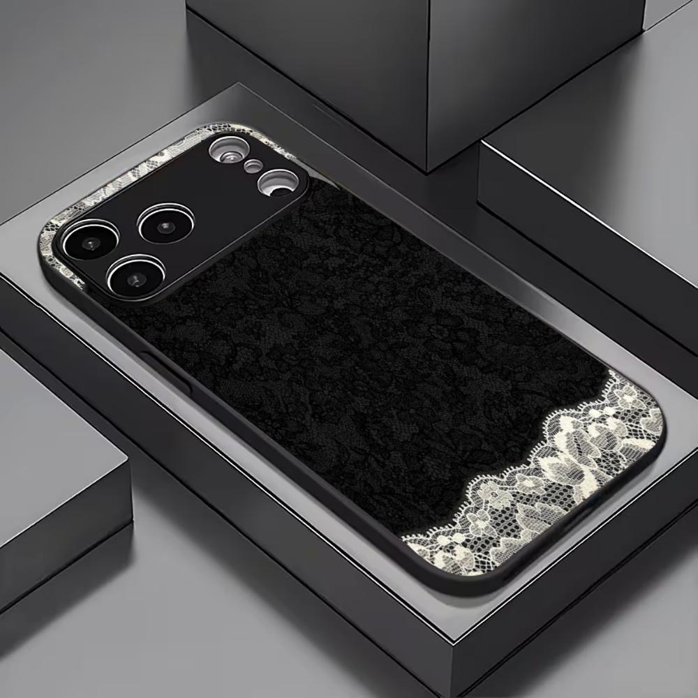 Trendy Black Floral Lace phone case mobile phones for iphone 17 pro max cover Glass for iPhone 17 16 15 14 13 12 11pm Pro Plus