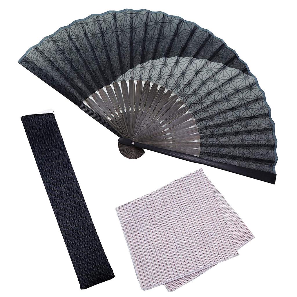 Folding fan for fan fan set with hemp leaf gray [Osaka Choseido] men, stylish, business, bag, holder, handkerchief, gradation,