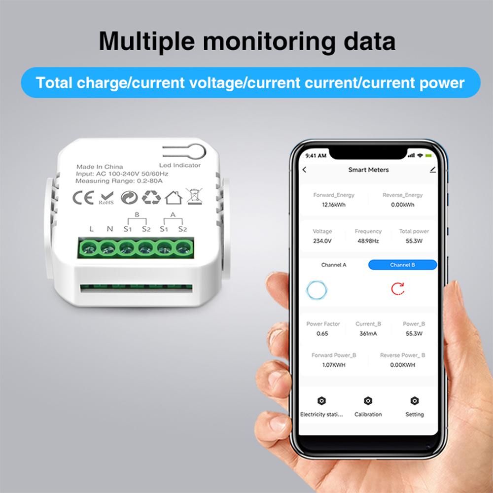 Smart Energy Meter TY Power Consumption Monitor with 2 80A CT Clamp Electricity Statistics Current