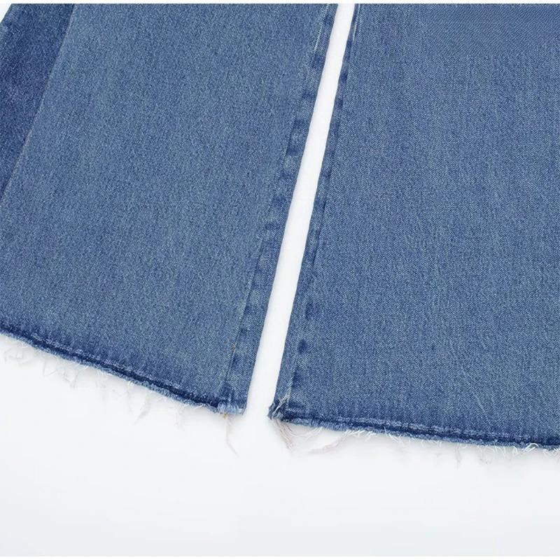 Women's Blue High Waist Jeans Fashion Clashing Color Splicing Wide Leg Flared Pants Loose Straight Trousers
