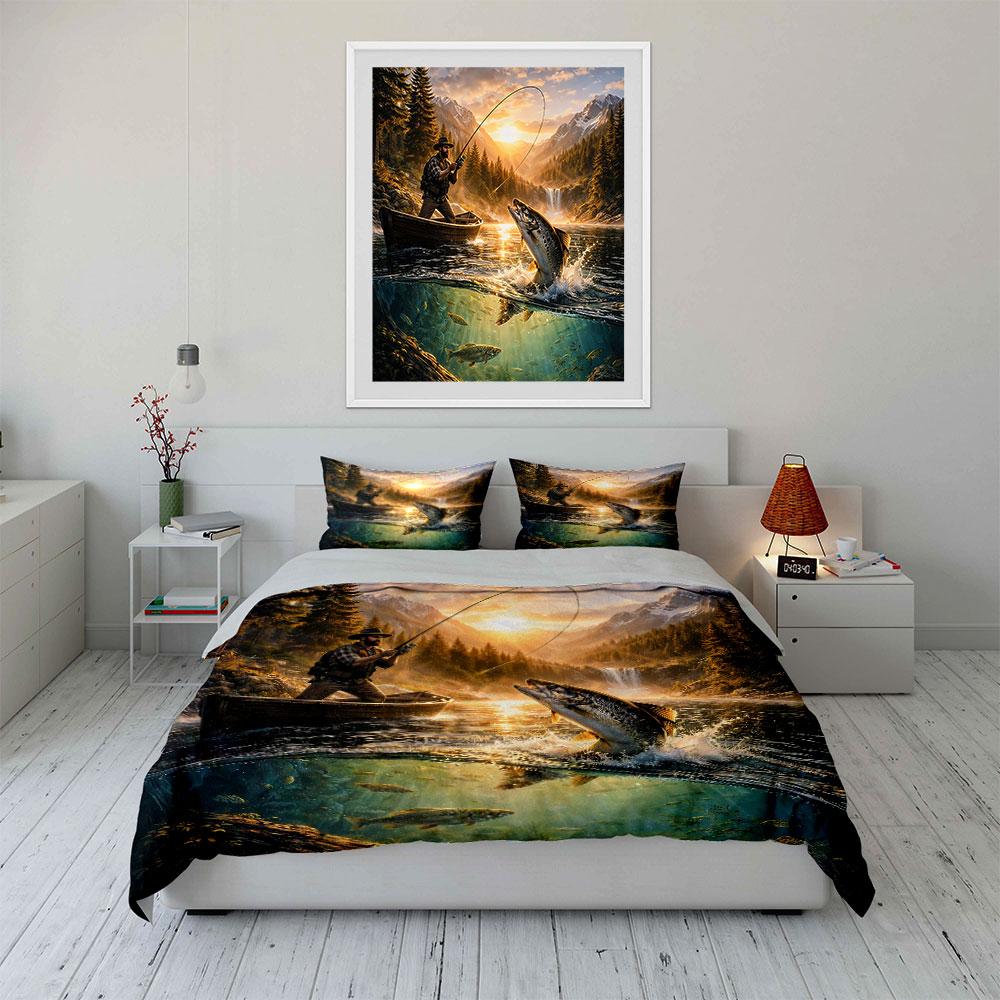 Fishing Adventure Nature Scene Bedding Duvet Cover Set Duvet Cover Pillowcases  (1*Duvet Cover 2*Pillowcases, without duvet insert)