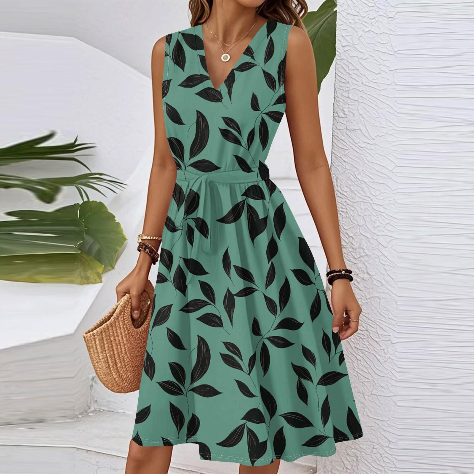 

Жіноча весняно-літня повсякденна сукня міді з V-подібним вирізом без рукавів на талії з квітковим принтом L зелений