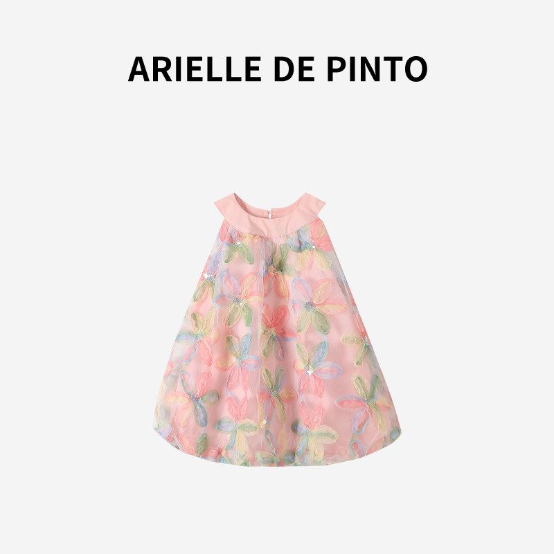French Arielle De Pinto Girls  Dress Summer New Style Sleeveless Suspender Sequined Bow Gauze Dress Pink 90