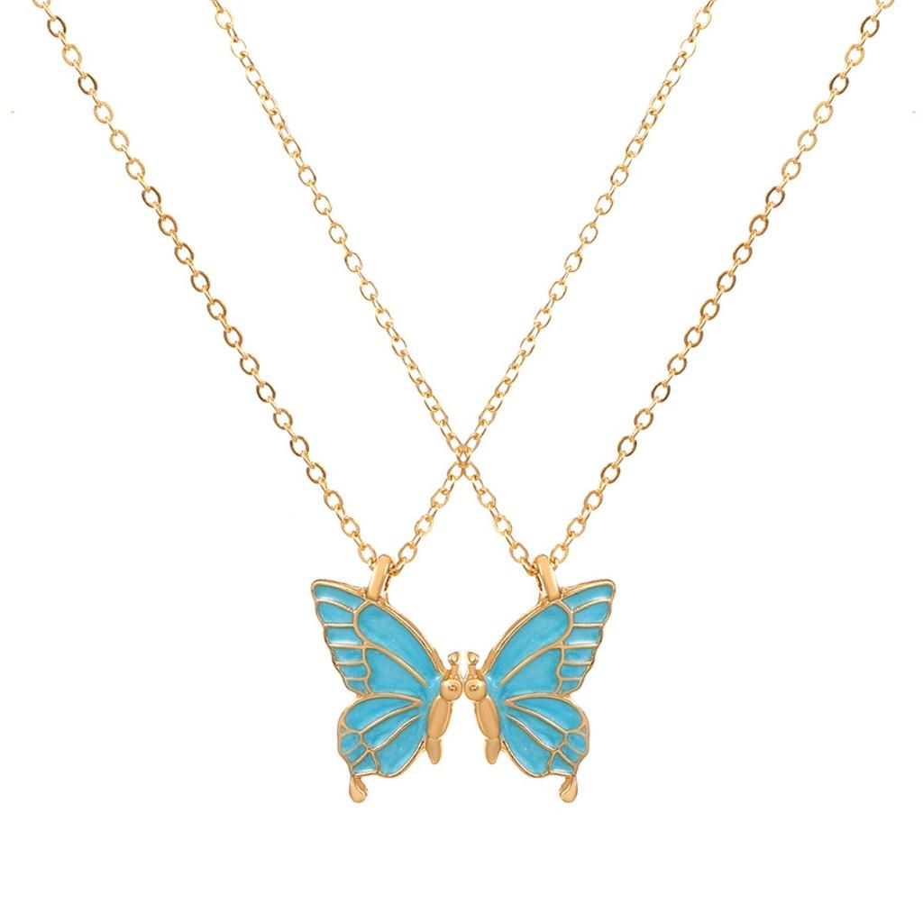 Split Butterfly Pendant Necklace Set Pink Enamel Matching Butterfly Necklaces for Best Friends
