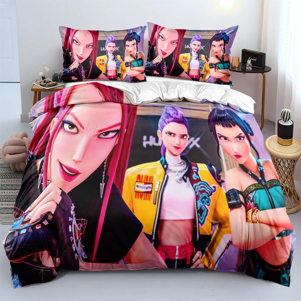 

K-Pop Bedding Set Demon Hunters Themed Pink Print Polyester Student Dormitory Bed Sheet Duvet Cover Kid Gift Home Textile US Twin(172x218cm)