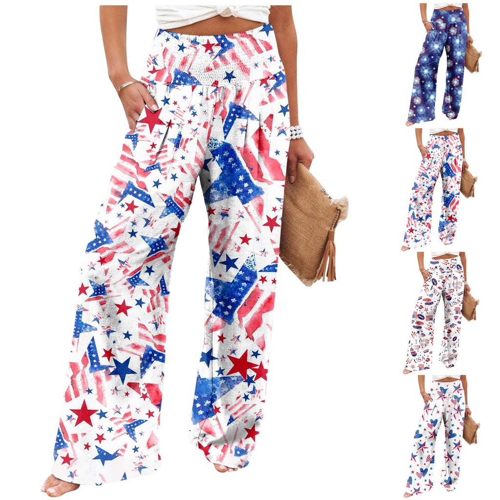 Women's Fashion Loose Casual Independence Day Print High Waist Wide Leg Pants Casual Pants