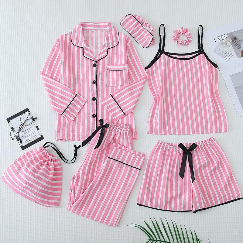 Parent-Child Matching Cotton Pajamas Set - Women's Tank Top & Shorts with Children's 7-Piece Homewear.