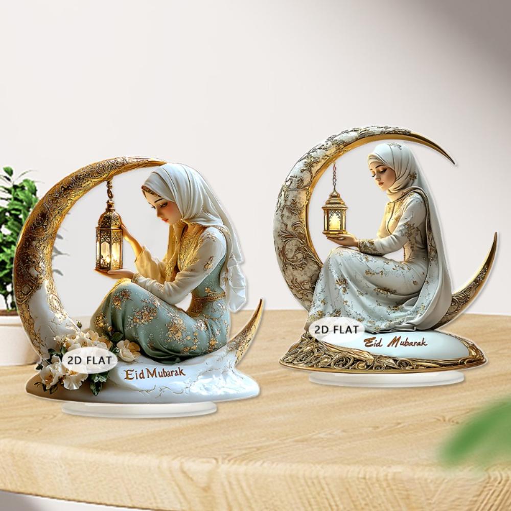 Flat Acrylic Exquisite Decor, White & Gold Moon Boat with Flowers & Lantern, Light Luxury Ornament for Office Bookshelf, Modern Art Gift for Festivals