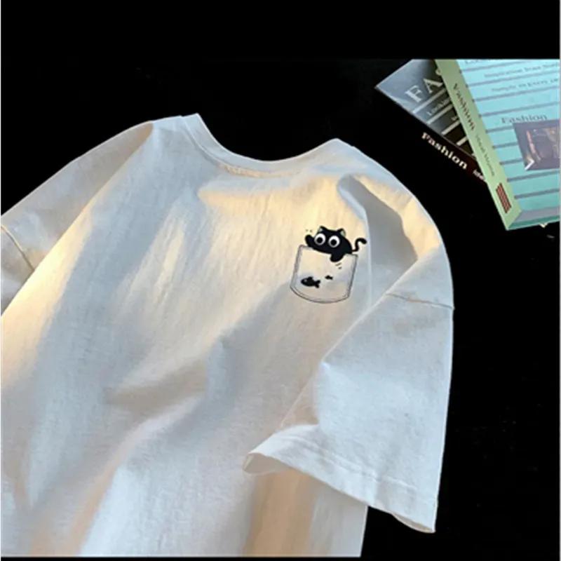 Hot T-shirt Retro Fashion Black Cat Printing T-shirt Oversized Women Men Cool Summer Cartoon Loose T-shirt