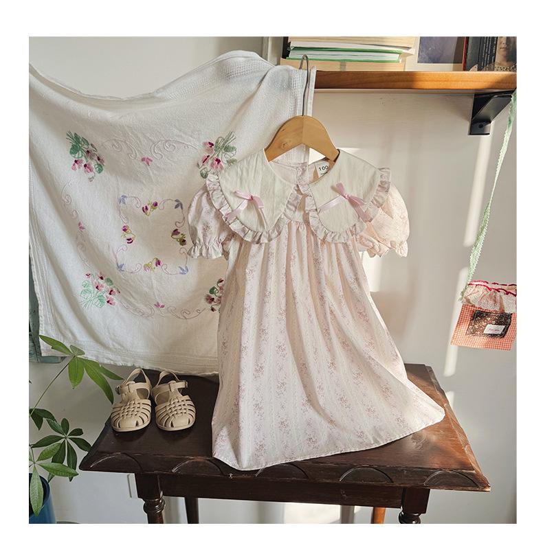 2026 Summer Doll Collar Color Block Girls' Dress – French Print Short Sleeve Princess Korean Style
