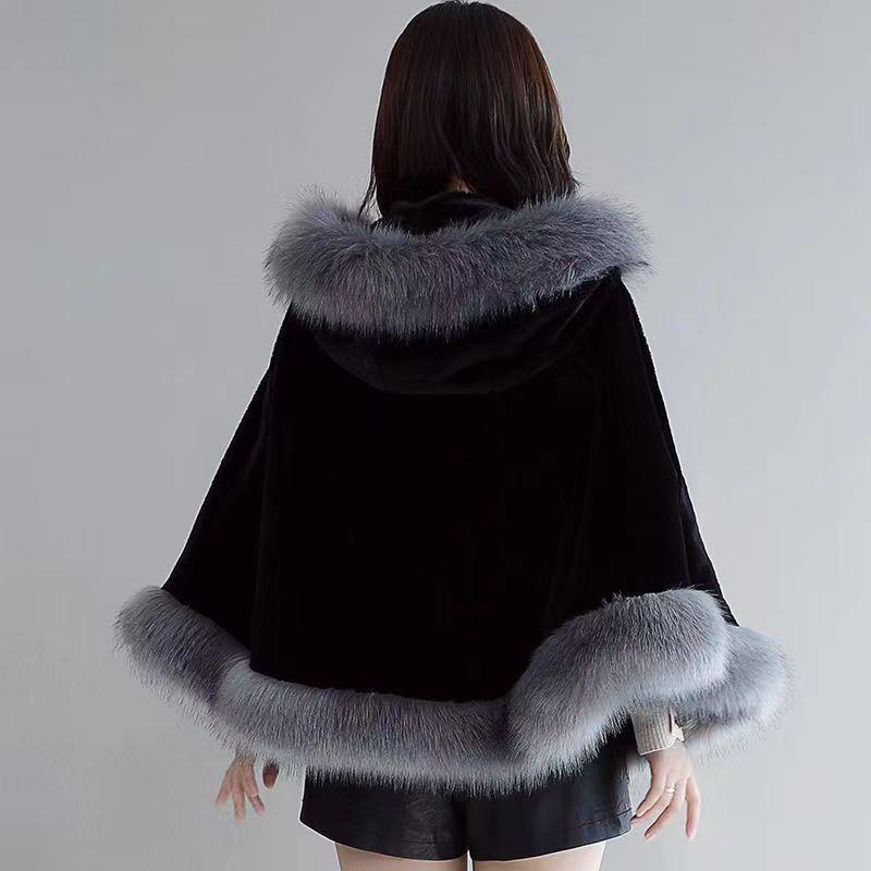 New hooded cape cape winter shawl coat imitation fur coat women's medium and long imitation fur