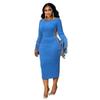Women O Neck Elegant Long Flare Sleeve Rhinestones Midi Dress Pencil Streetwear Africa Club Dresses Vestidos