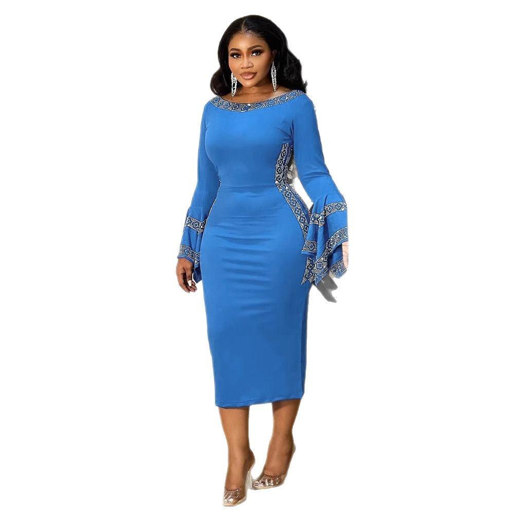 Women O Neck Elegant Long Flare Sleeve Rhinestones Midi Dress Pencil Streetwear Africa Club Dresses Vestidos