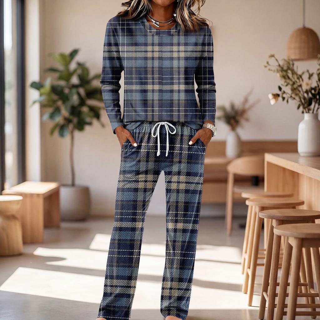 Conjunto de pijama casual para mujer con manga larga, cuello redondo, cordón y pierna ancha para dormir
