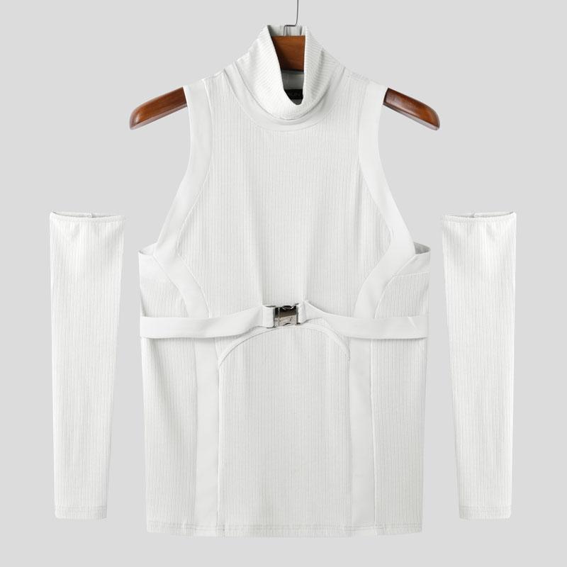 INCERUN Men Turtleneck Stitching Oversleeve Rib Casual Fitted Tank Tops