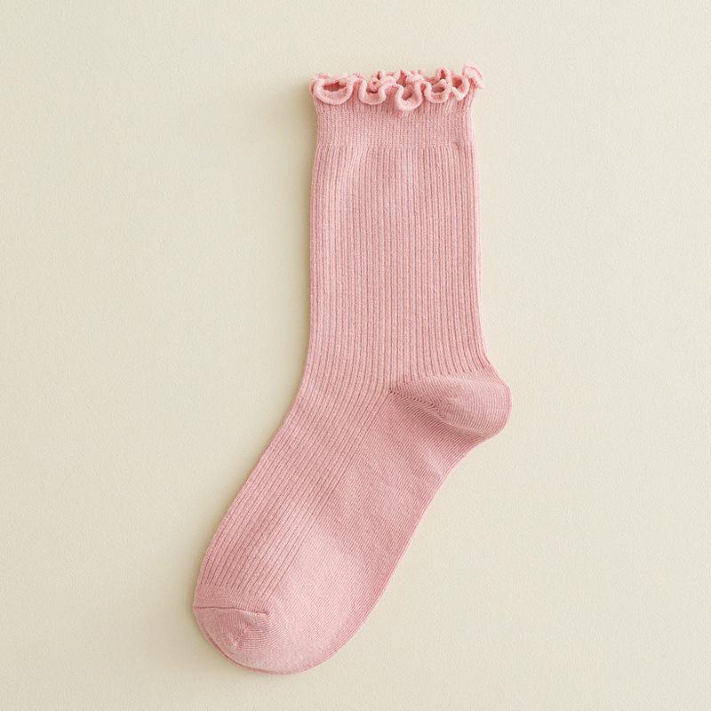 Women's Japanese Style Black Lace-Trimmed Mid-Calf Cotton Socks - Cute Slouchy Autumn/Winter Solid Color Trendy Long Socks.