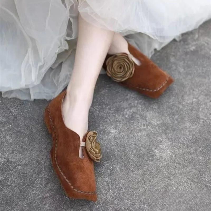 Damskor Ballerinaskor Blomsterdekorationsdesign Damskor Mode Fyrkantig Tå Låg Klack Enkel Sko Mocka Casual Loafers Zapatos Mujer