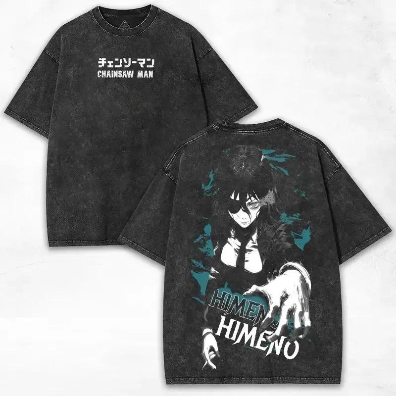 Himeno Chainsaw Man T-shirt Anime Vintage Y2k Washed Oversized T Shirt Men Women Clothing Summer Short Sleeve Cotton Tees Tops