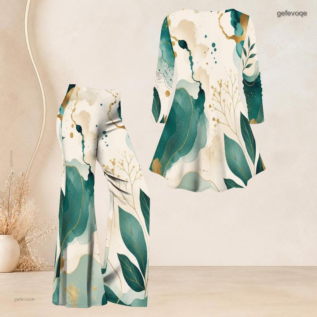 Women Plus Size V Neck Three Quarter Sleeve Marble Printed Blue Flared Top And Flared Pants Two Piece Set