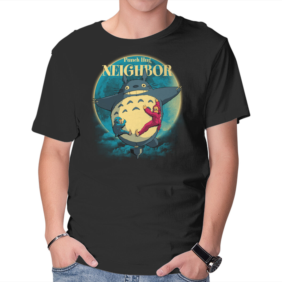 Unisex Crew Neck T-Shirt Punch Hug Neighbor Graphic Short Sleeve Casual Tee XL