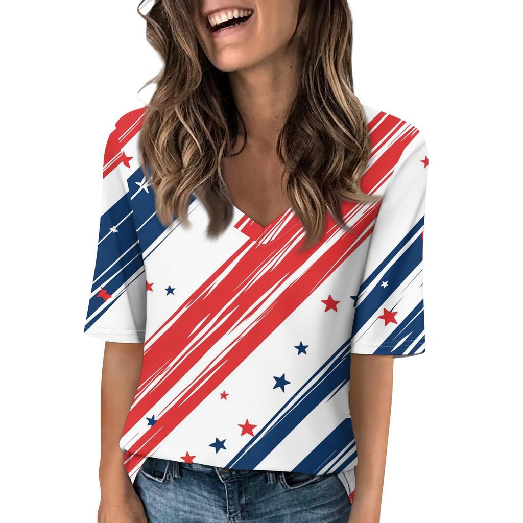 Women's V Neck T Shirts Half Sleeve Tops Printed Casual Summer Tees T Shirt Blouse