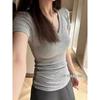 American retro V-neck short-sleeved T-shirt women's summer basic solid color inner slim-fitting top bottoming shirt