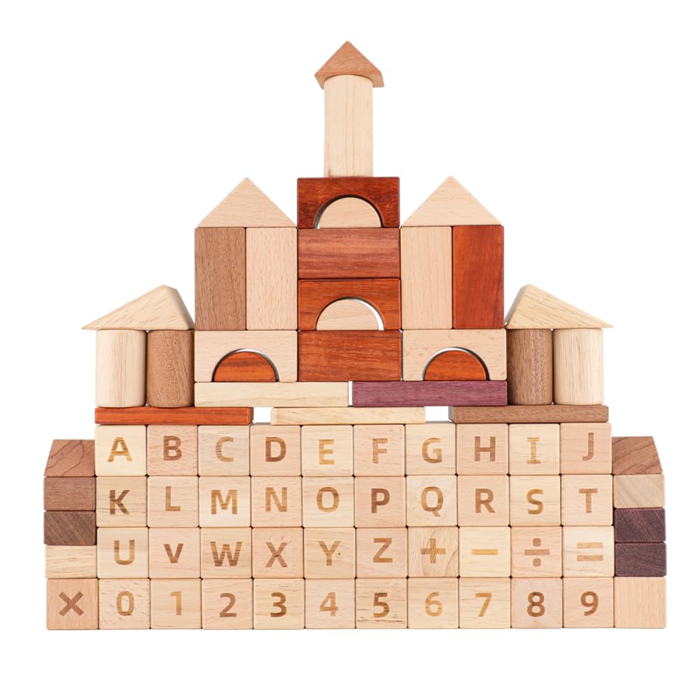 

FlyCreat Wooden Building Blocks for Ages 2 and Up - 86 Pieces, Educational Building Blocks, Teaching English Vocabulary, Numbers, Fingertip Training,