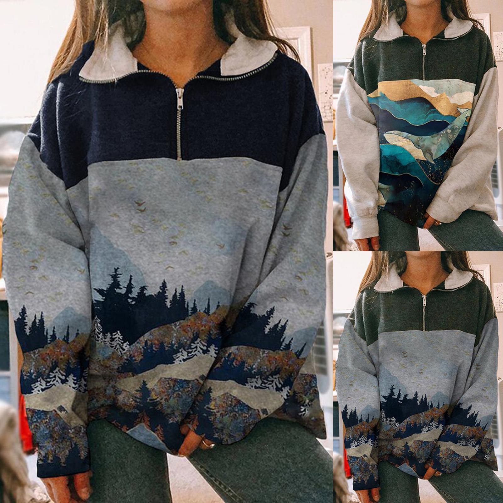 

Модная женская толстовка с принтом на половину молнии в стиле пэчворк, вершина горы и верхушки дерева, топ