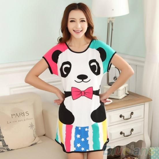 Cute Women Cartoon Panda Sleepwear Pajamas Short Sleeve Sleepshirt Nightdress