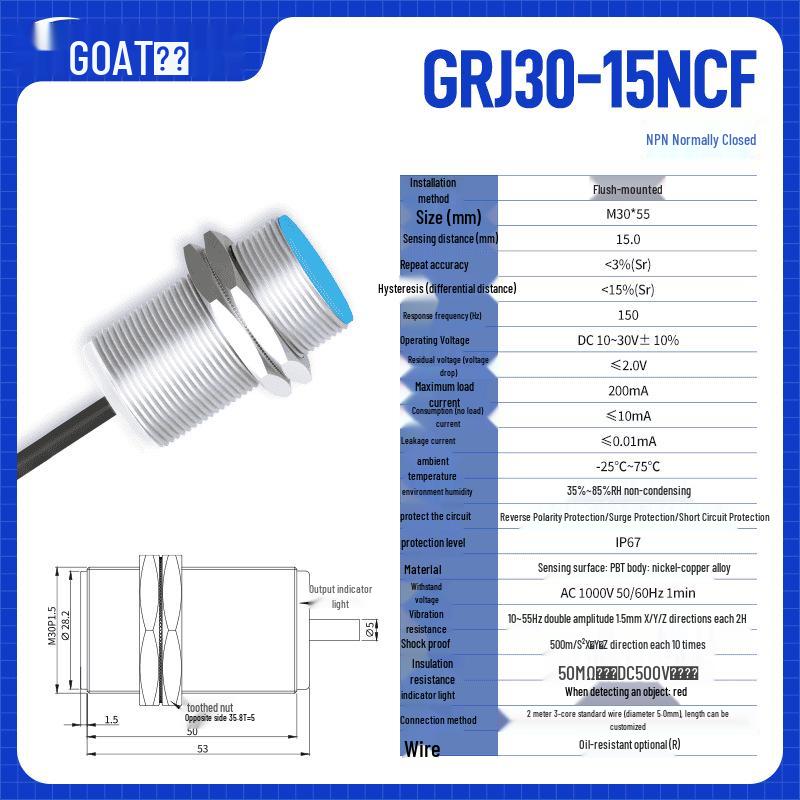Adjustable M30 Metal Sensing Inductive Proximity Switch, 10-30V, Three-Wire, NPN/PNP, NO/NC.