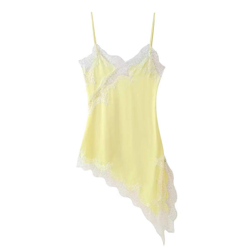 European & American Style Asymmetrical Lace-Trimmed Backless Spaghetti Strap Dress - Light Luxury