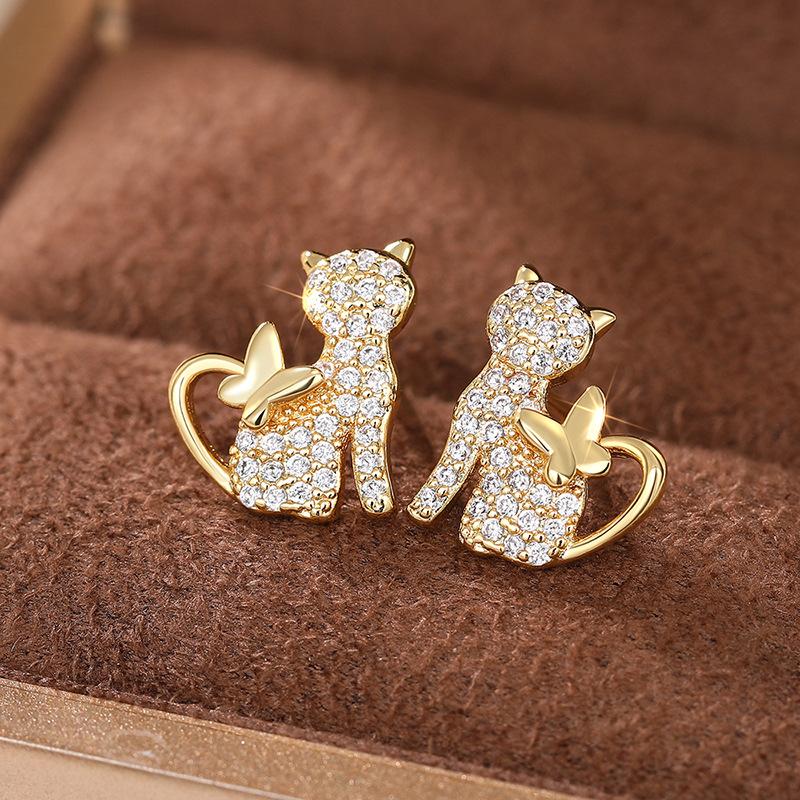 commuting versatile cat earrings, cute kitten butterfly exquisite earrings, Korean version of temperament earrings for women