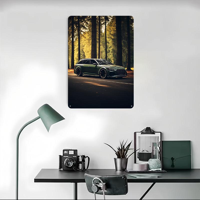 Green Sports Car RS6 in Forest Poster Customized Wall Art Vintage Metal Signs Retro Tin Plaque for Man Cave Bedroom Decorations