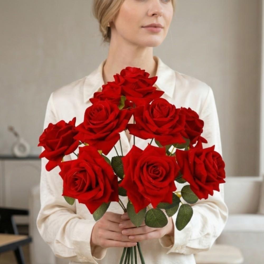 9 Head Artificial Rose Flower Green Leaves Faux Rose Flower Branch  Home Living Room Decor