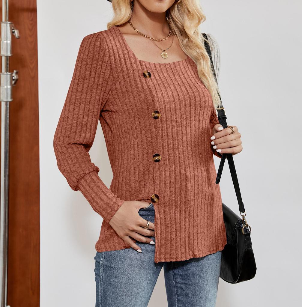 2026 Women's Spring/Summer Casual Ribbed Square Neck Long Sleeve Slit Sweater Top