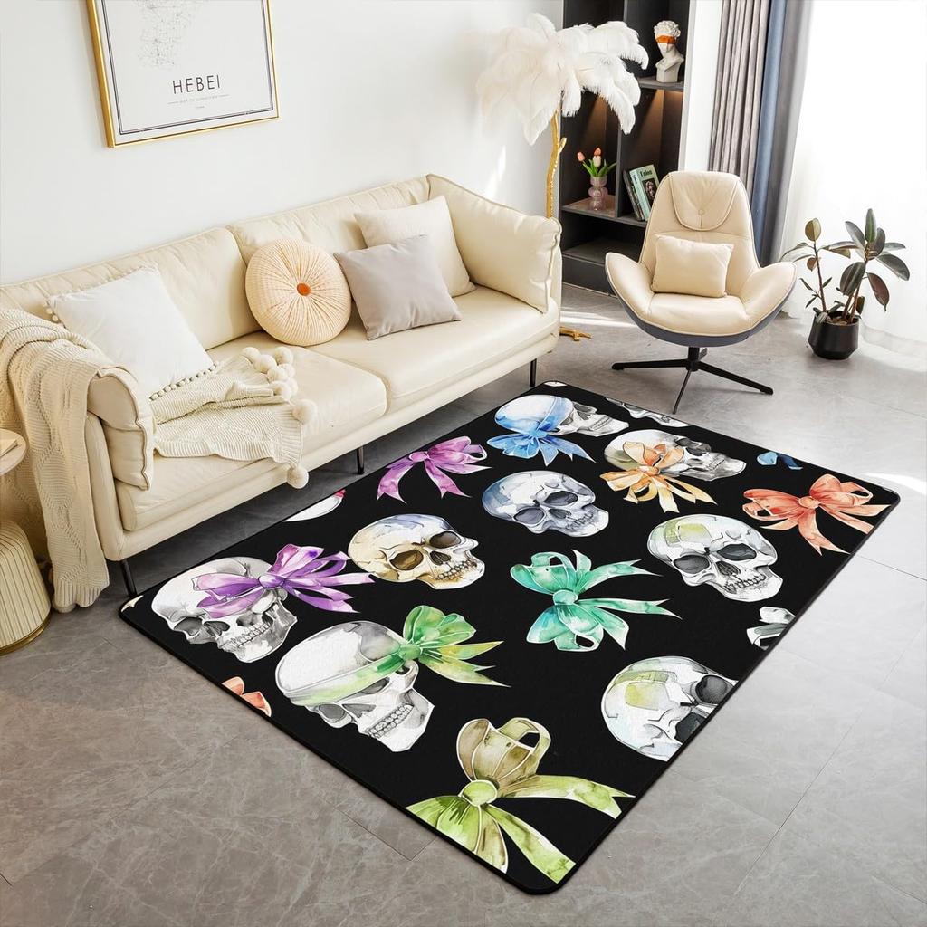 Erosebridal Moth Skull Moon Area Rug 4'11" X 3'3" Bohemian Stars Exotic Living Room Rugs Starry Sky Mysterious Decorative Carpet Black and W