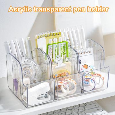 Desktop Storage Box with Mobile Phone Slot Transparent Acrylic 3-Compartment Organizer Clear Stationery Holder