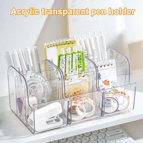 Desktop Storage Box with Mobile Phone Slot Transparent Acrylic 3-Compartment Organizer Clear Stationery Holder