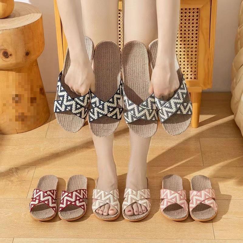 

[Buy one get one free] Linen slippers women s summer indoor thick-bottomed non-slip couple s home cotton and linen cool slippers men 35-36+35-36