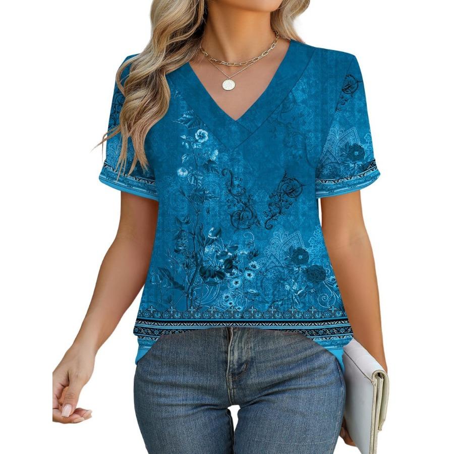 Women Fashion V Neck Short Sleeve 3d Print T Shirt Summer Comfortable Sportwear Tops