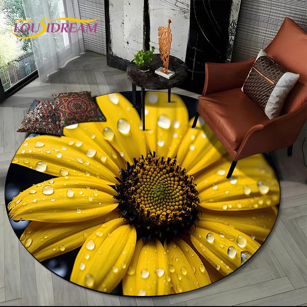Covor rotund 3D Lux Floarea Soarelui Trandafir Nordic Margaretă pentru Decor Sofă Living Dormitor, Covor Zonă Copii Covoraș de Podea Antiderapant Cadou
